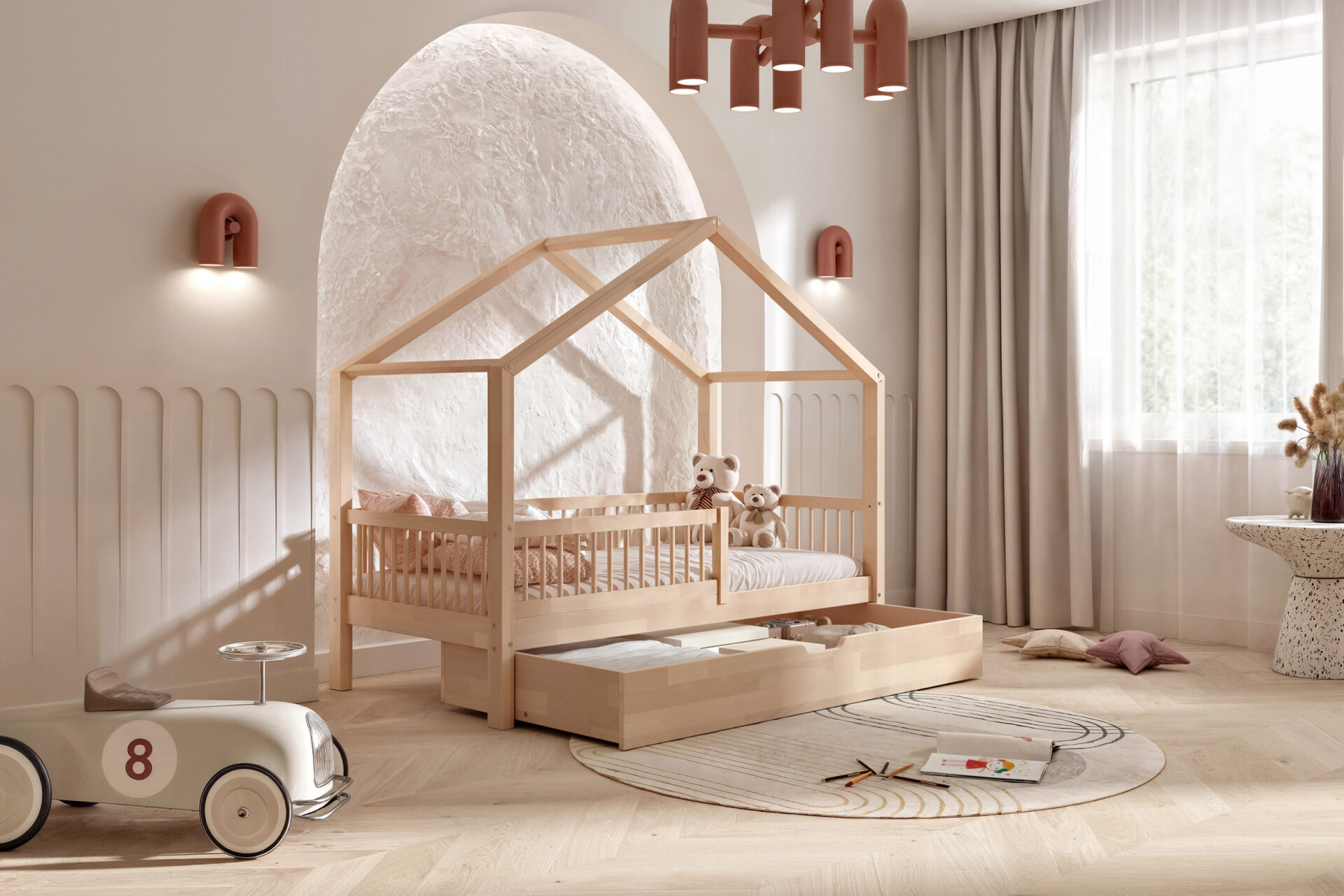 aranz_buk_02 Kinderbett CASAGGIO aus Buchenholz mit Schublade