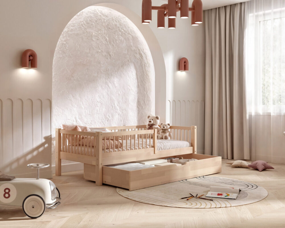 aranz_buk_04 Kinderbett LEGGIO aus Buchenholz mit Schublade