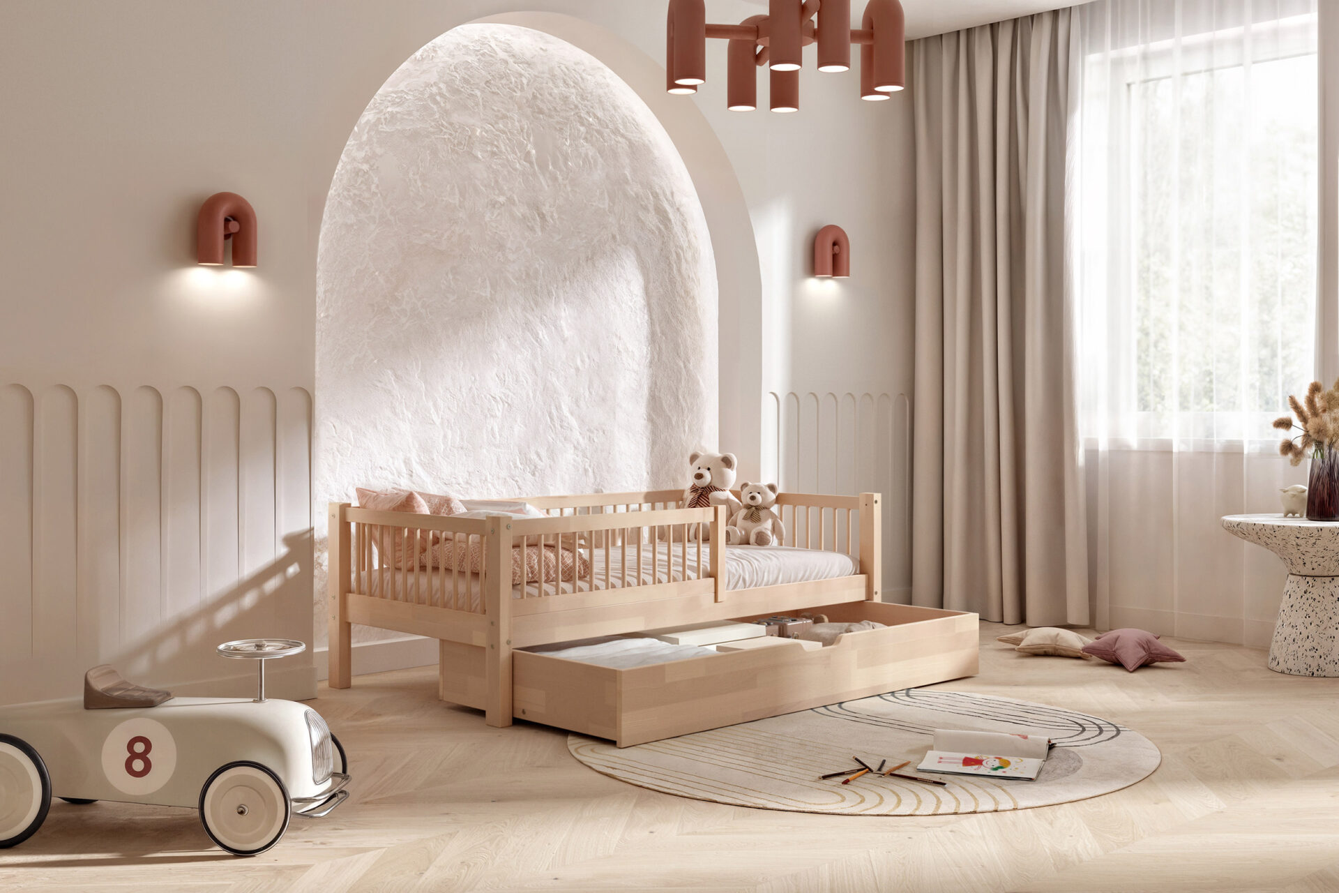 aranz_buk_04 Kinderbett LEGGIO aus Buchenholz mit Schublade