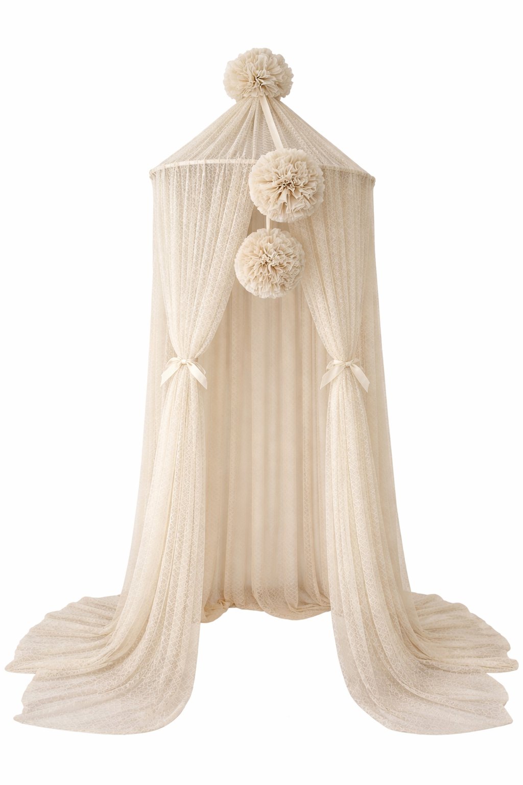 Baldachin Wellen-Tüll mit Pompons – zur Deckenmontage – Warmes Beige Baldachin Wellen-Tüll mit Pompons – zur Deckenmontage – Warmes Beige