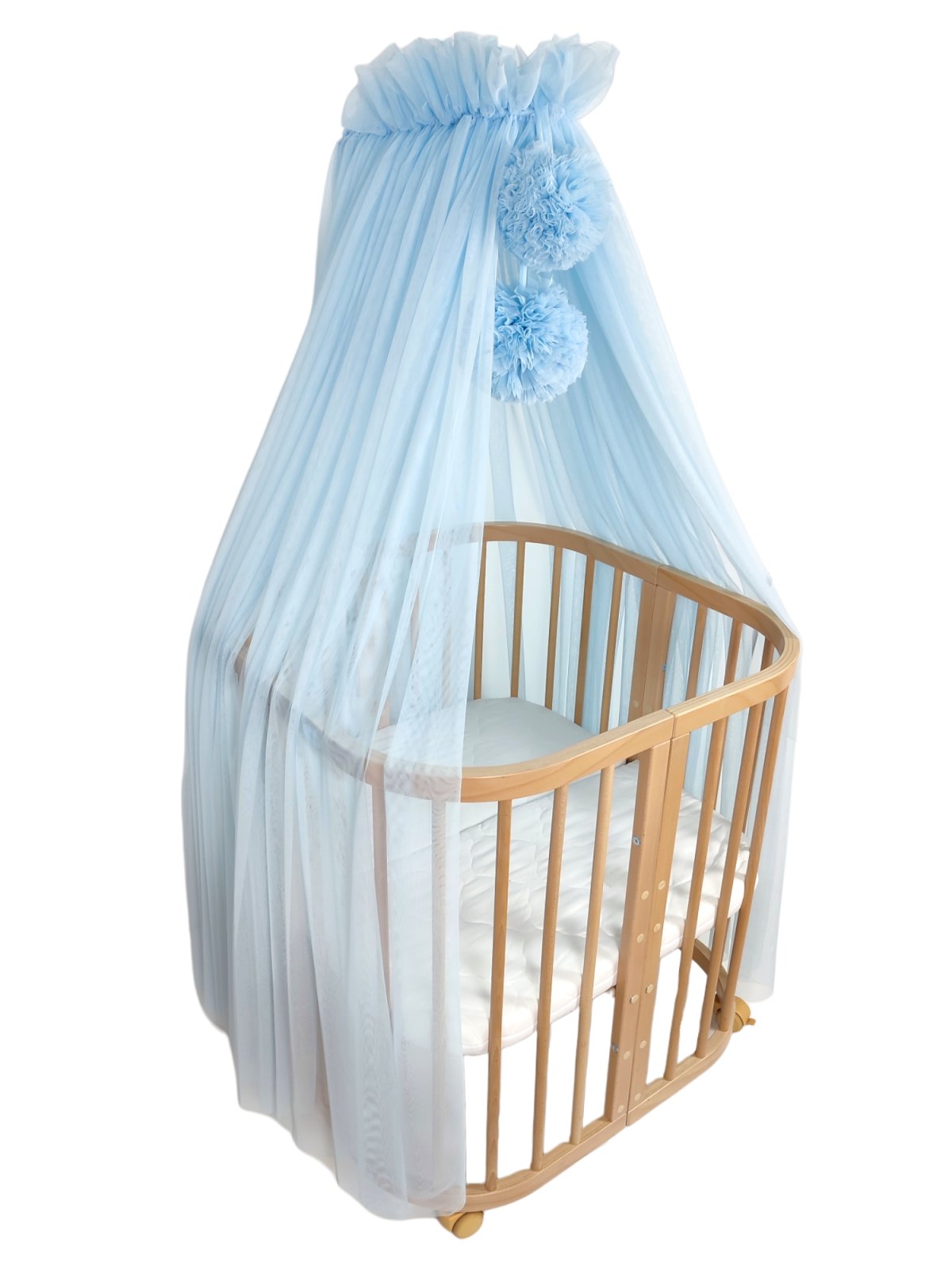 Bettbaldachin Tüll mit Pompons und Gestell – Babyblau Bettbaldachin Tüll mit Pompons und Gestell – Babyblau