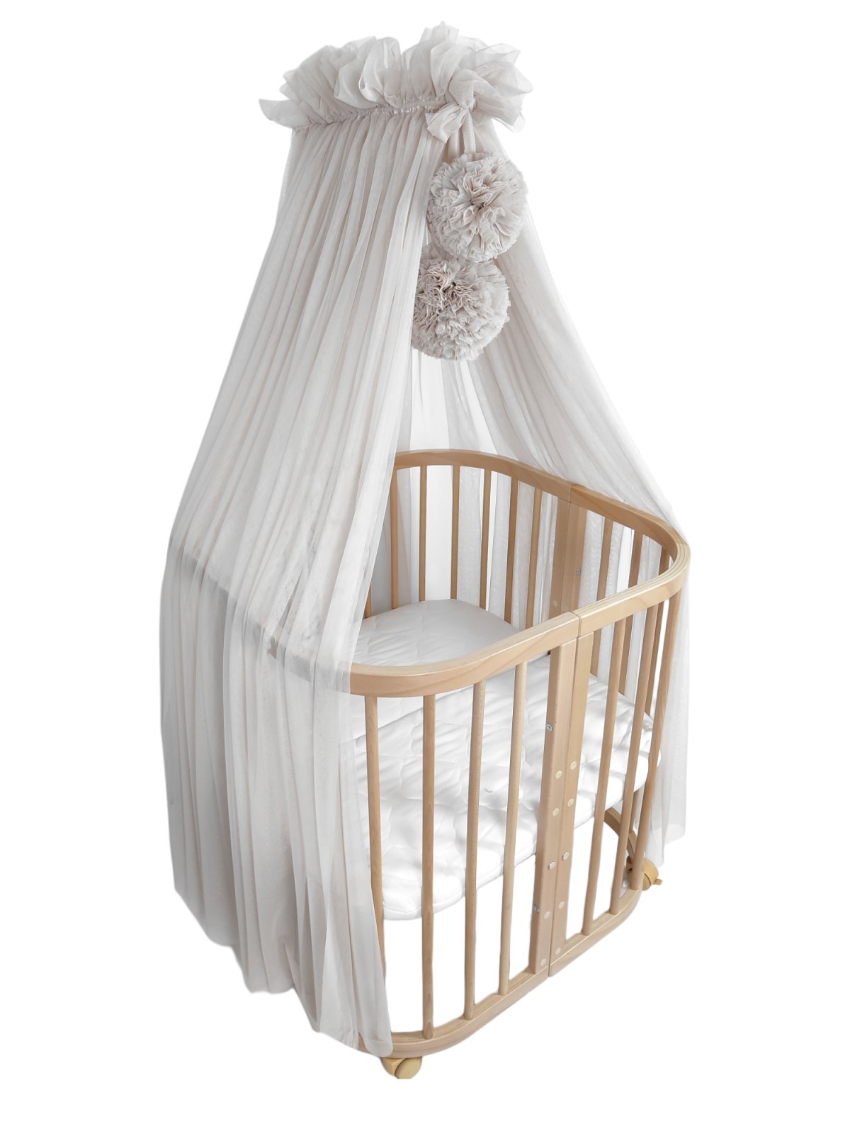 Bettbaldachin Tüll mit Pompons und Gestell – Beige Bettbaldachin Tüll mit Pompons und Gestell – Beige