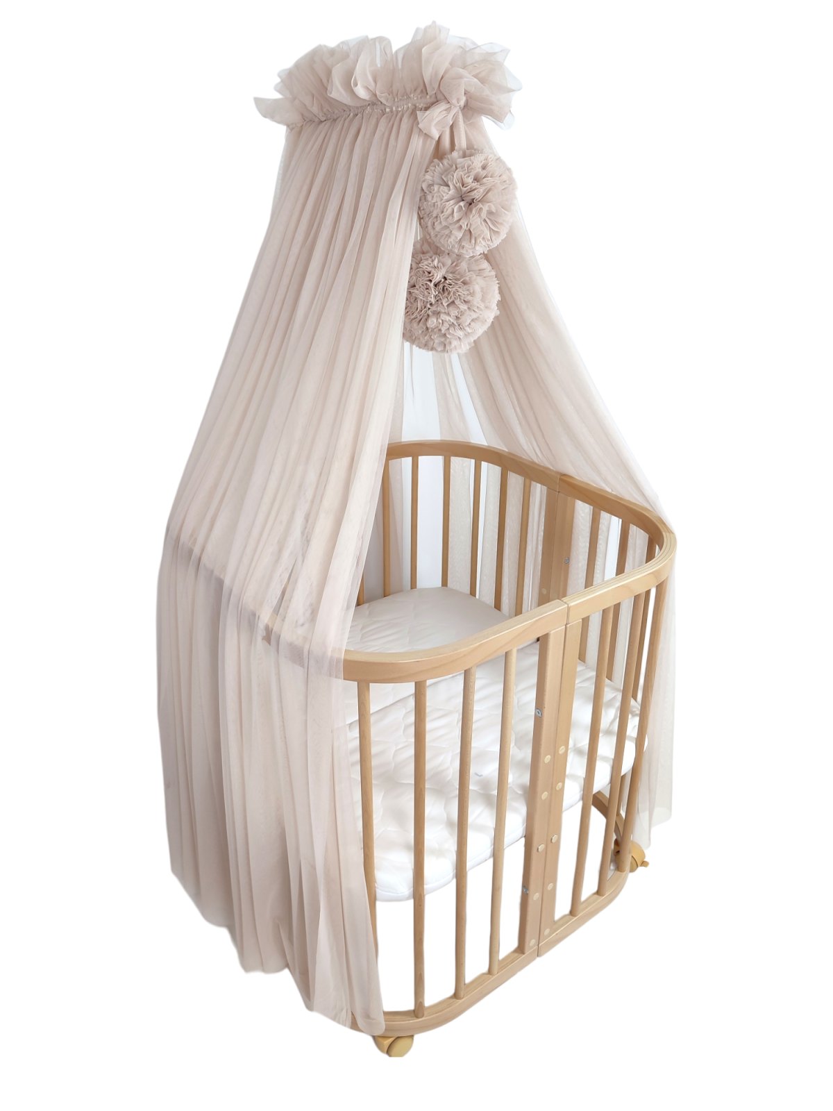 Bettbaldachin Tüll mit Pompons und Gestell – Warmes Beige Bettbaldachin Tüll mit Pompons und Gestell – Warmes Beige