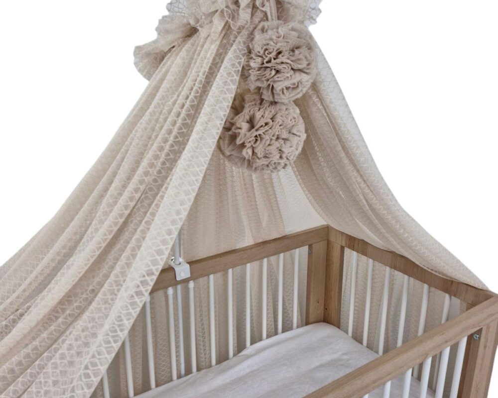 Bettbaldachin Wellen-Tüll mit Pompons und Gestell – Warmes Beige