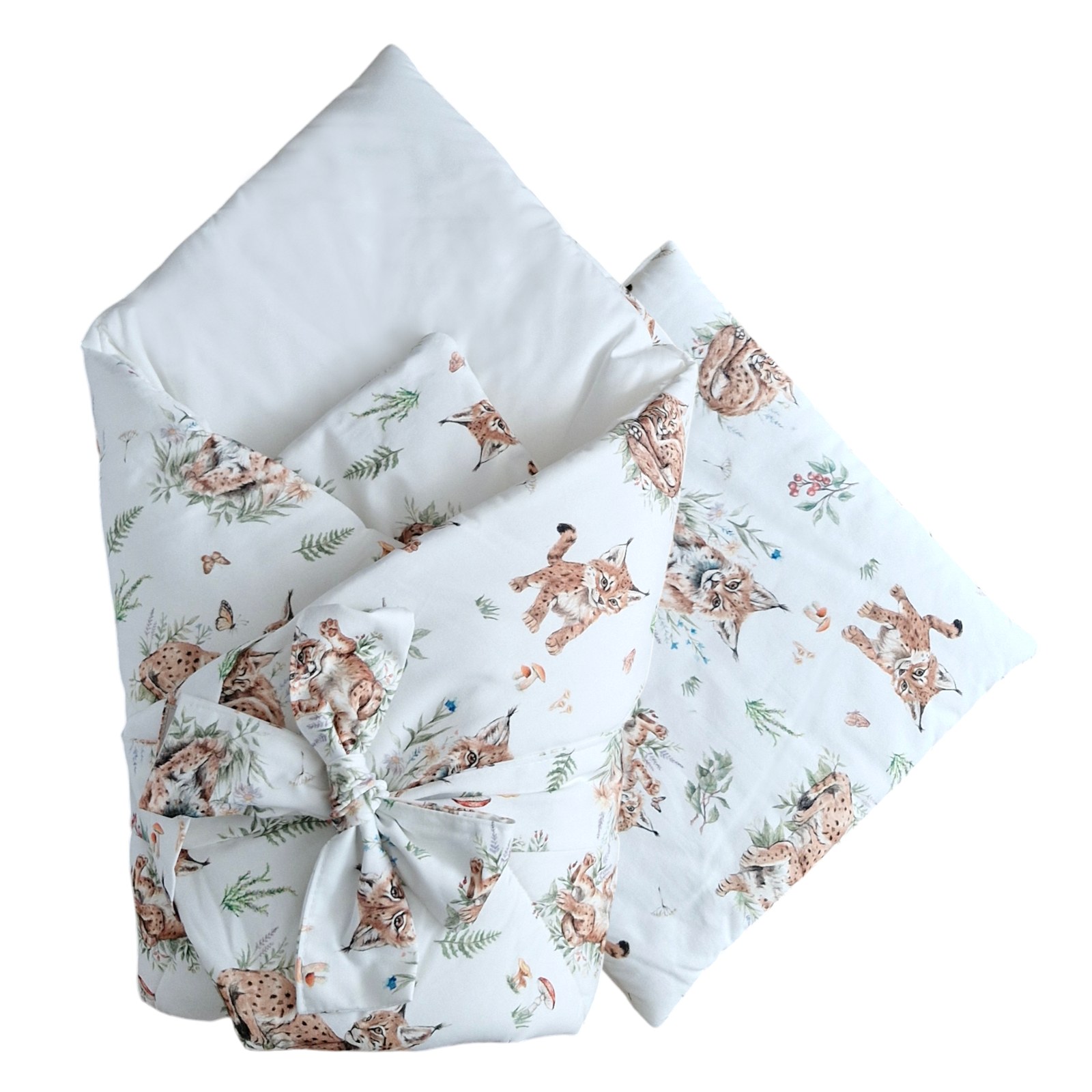 2-in-1 Einschlagdecke 75 × 75 cm mit Kissen 35 × 35 cm – Luchse