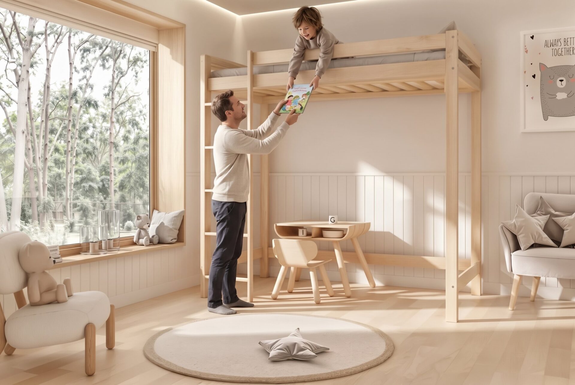 Etagenbett für Kinder AVELA 160cm – Vorlesen zu zweit Etagenbett für Kinder AVELA 160cm mit Eltern und Kind