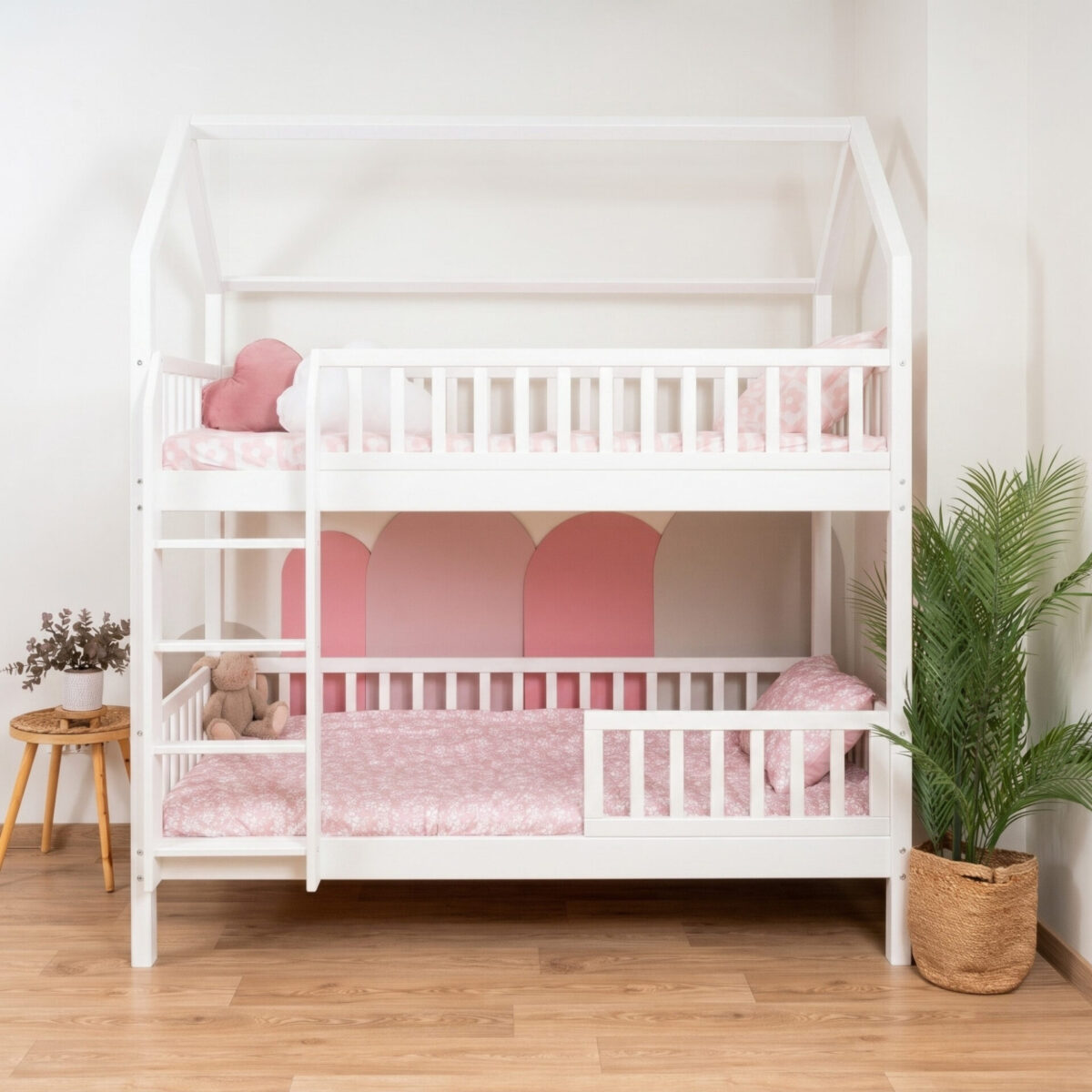 Etagenbett für Kinder KOSMO Long aus Kiefernholz, Weiss, mit Rausfallschutz unten
