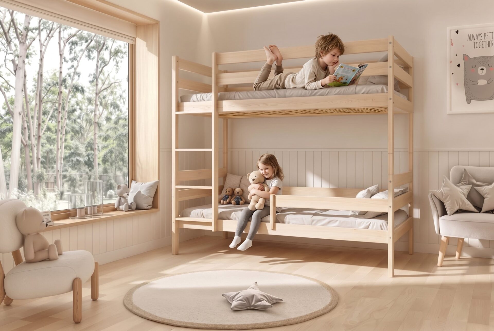 Etagenbett für Kinder Seri Lux – Vorlesen zu zweit Etagenbett für Kinder Seri Lux mit Eltern und Kind