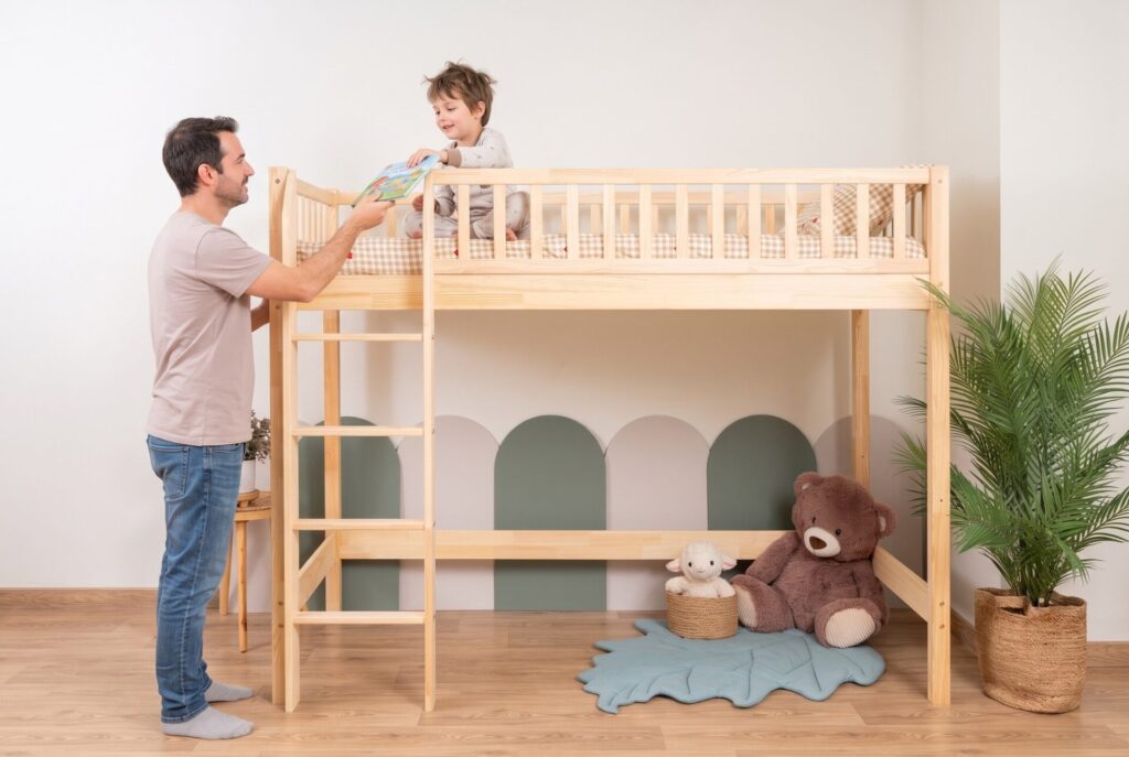 Hochbett KOSMO aus Kiefernholz im Kinderzimmer