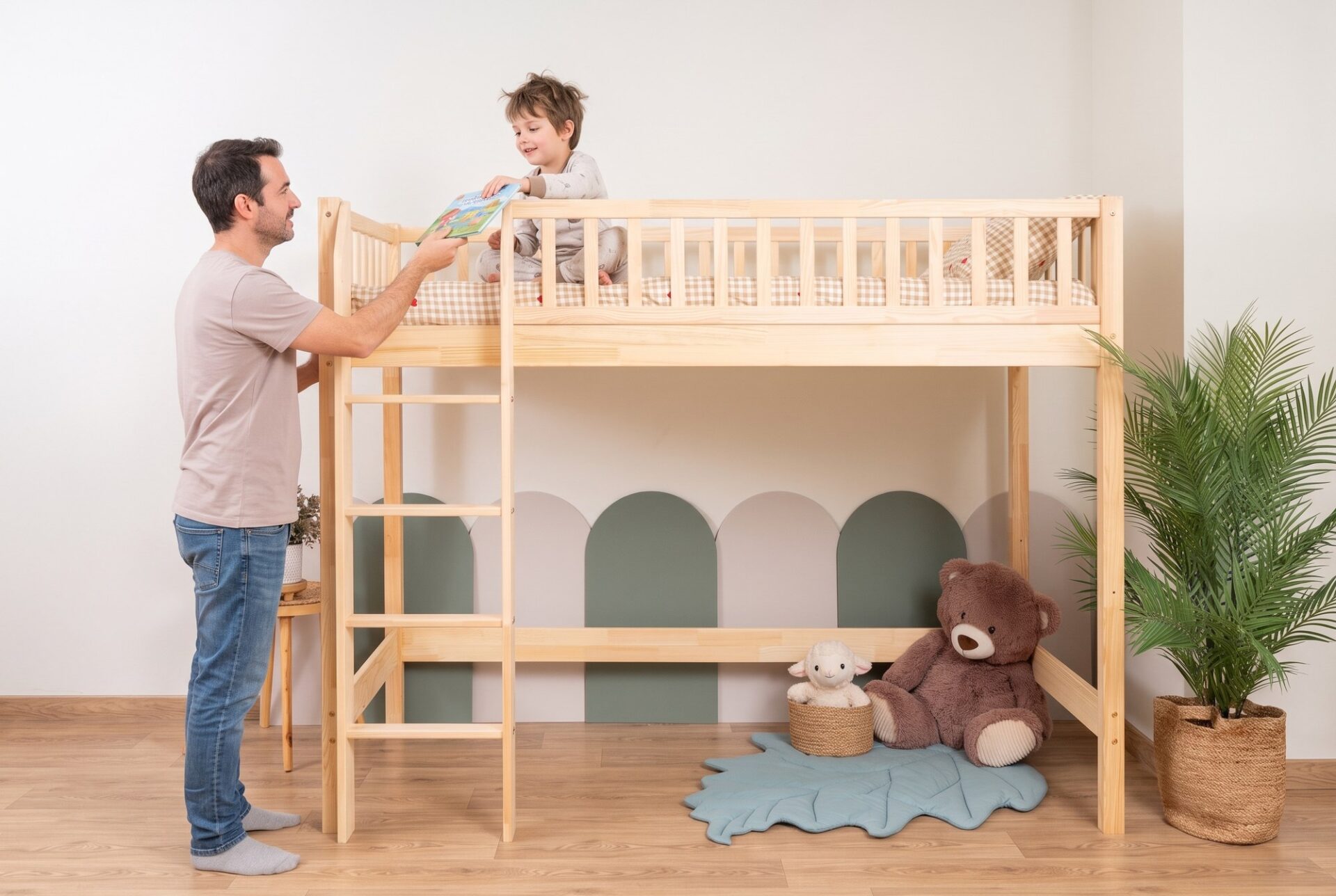 Hochbett KOSMO aus Kiefernholz im Kinderzimmer