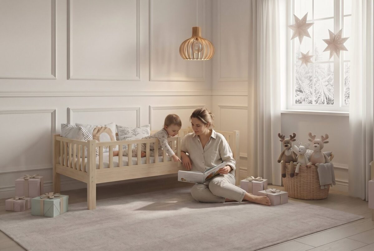 Kinderbett ANELLA – Vorlesen zu zweit Kinderbett ANELLA mit Eltern und Kind