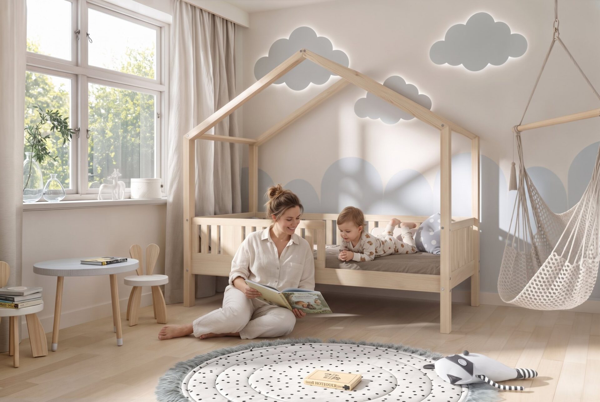 Kinderbett LUNETTA – Vorlesen zu zweit Kinderbett LUNETTA mit Eltern und Kind