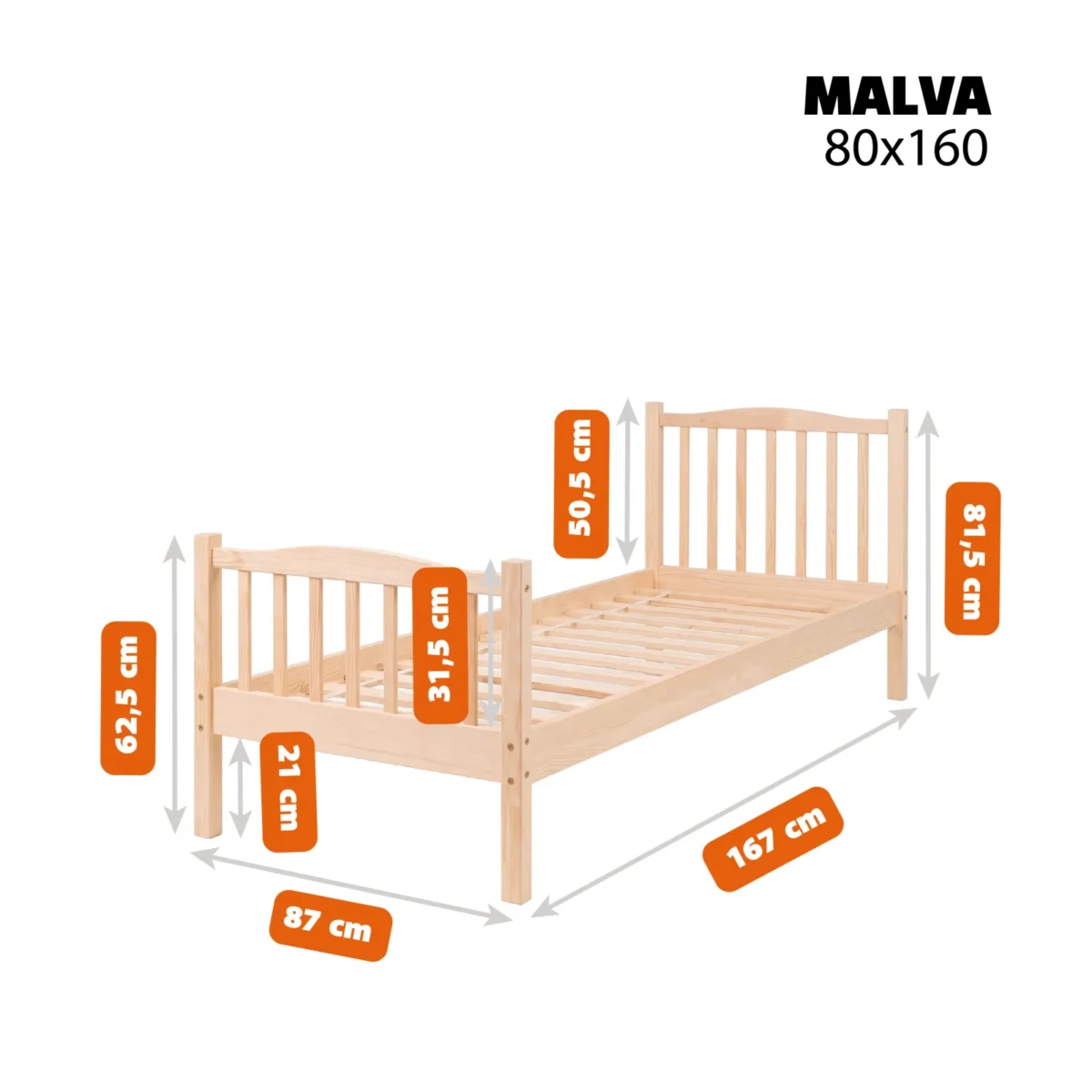 Kinderbett MALVA (dimensions 80 × 160) Kinderbett MALVA aus Kiefernholz, Masse 80 × 160