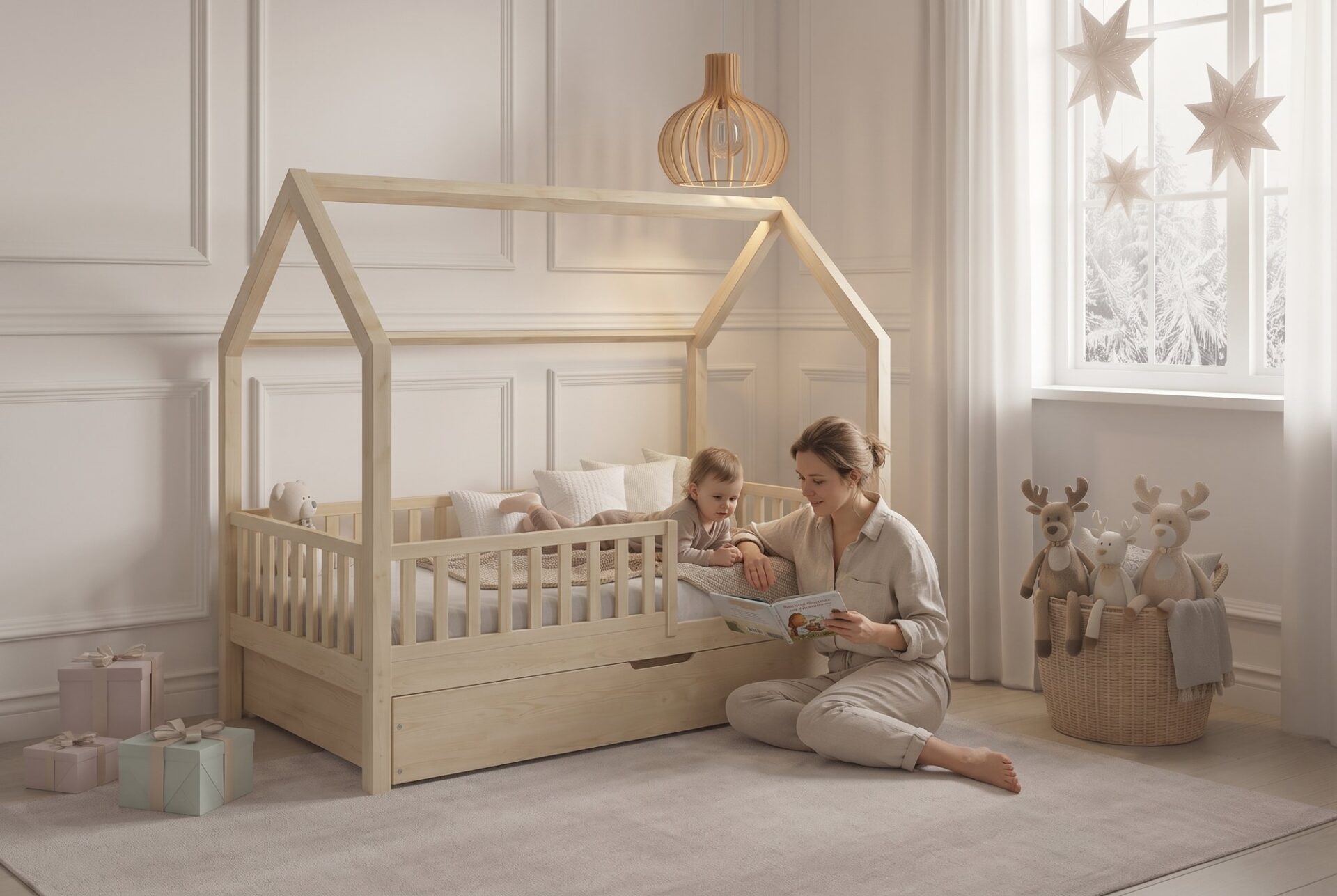 Kinderbett SOLETTA mit Schublade mit Eltern und Kind
