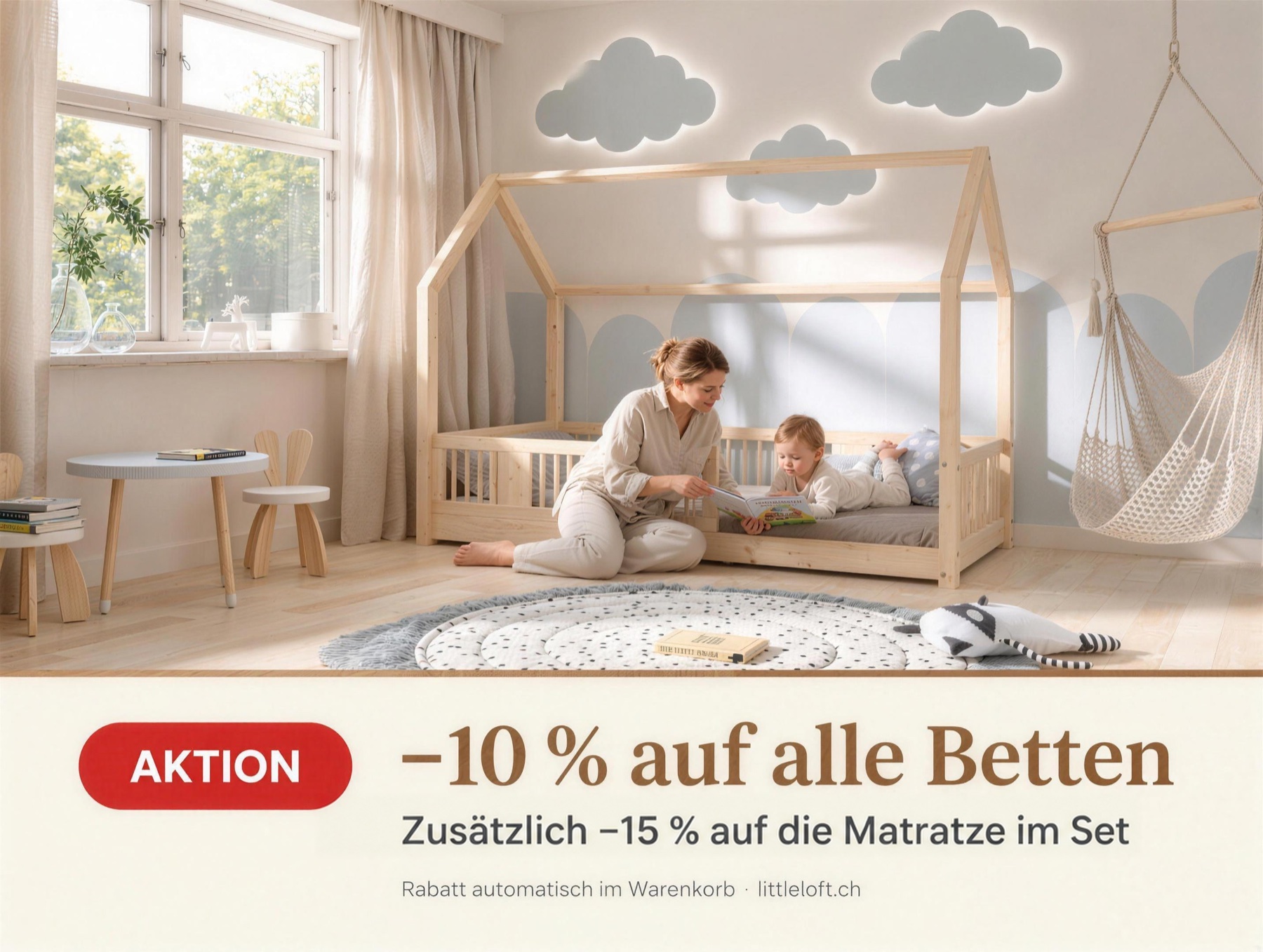 Aktion: −10 % auf alle Betten, zusätzlich −15 % auf die Matratze im Set – Rabatt automatisch im Warenkorb