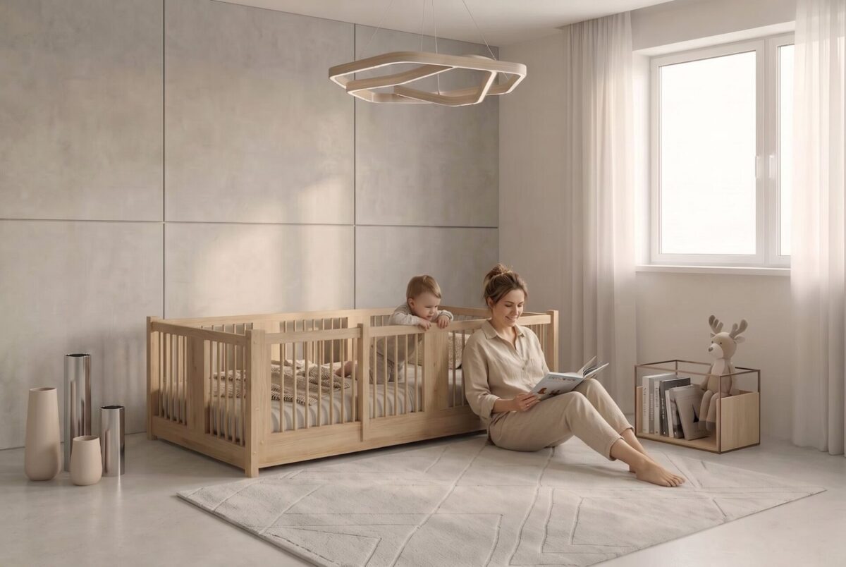 Montessori Kinderbett MILO – Vorlesen zu zweit Montessori Kinderbett MILO mit Eltern und Kind