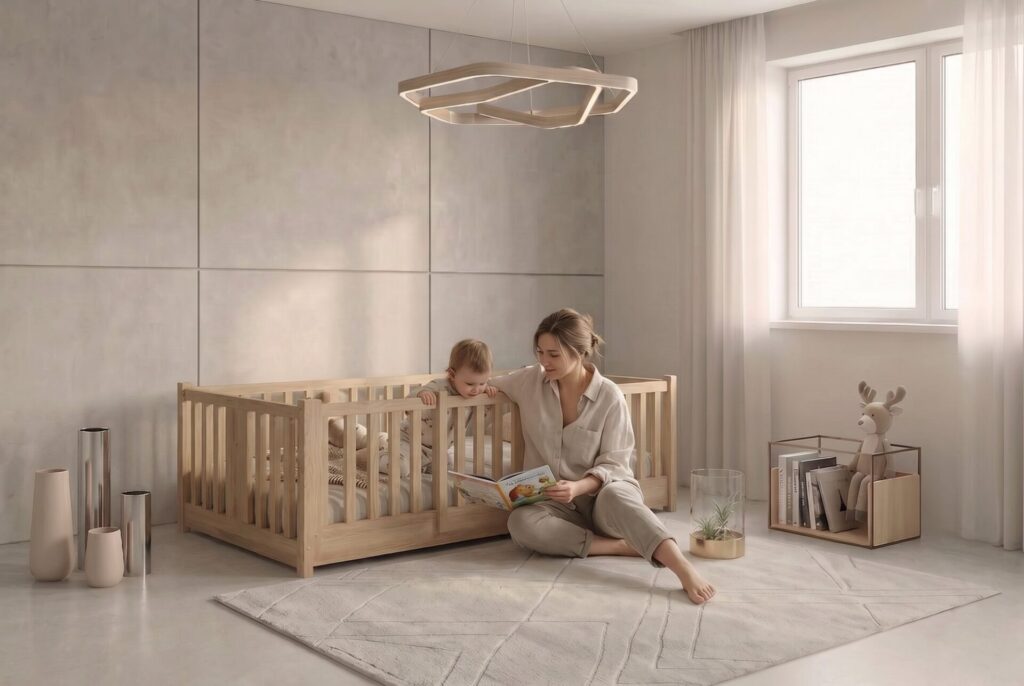 Montessori Kinderbett TEO mit Eltern und Kind