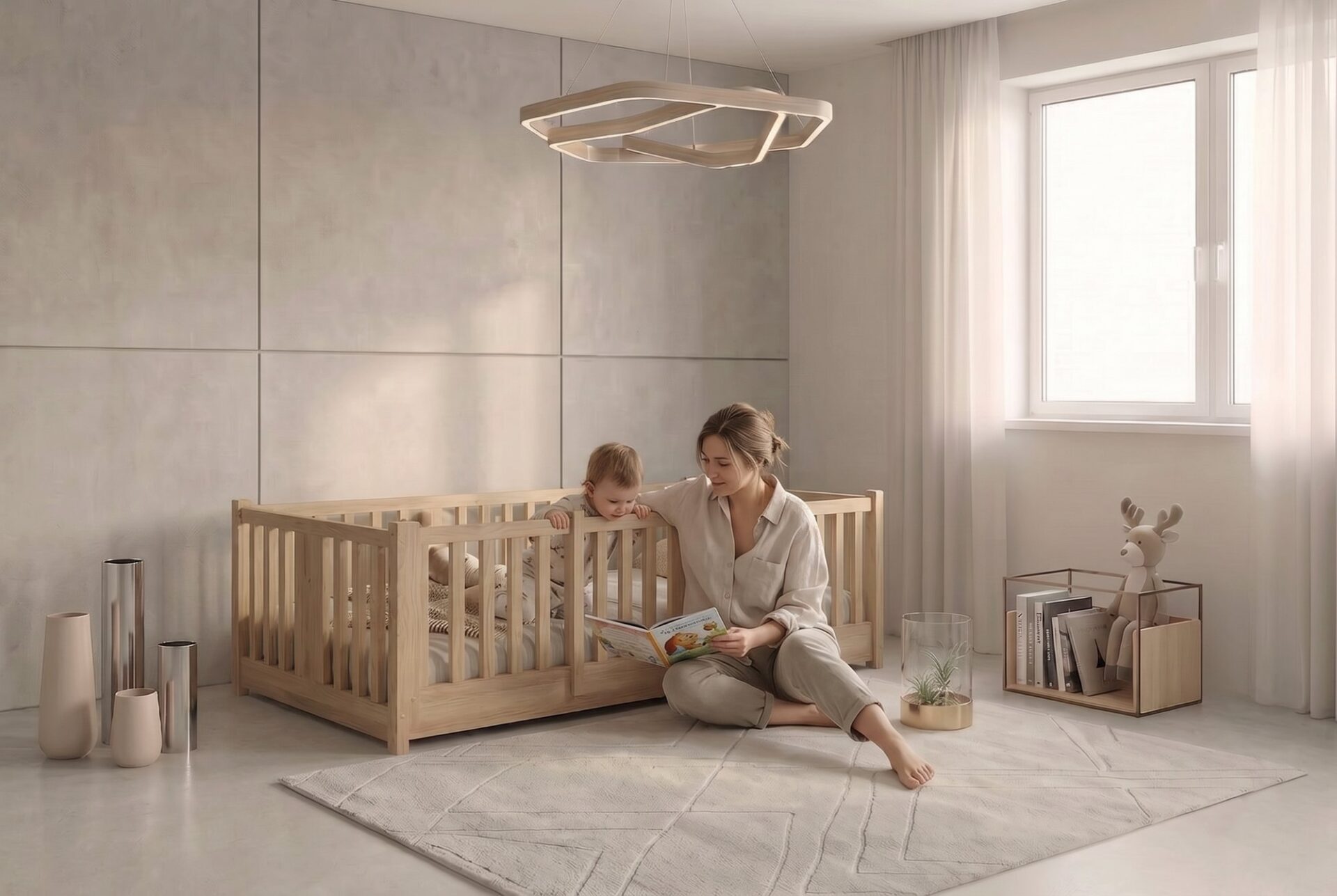 Montessori Kinderbett TEO mit Eltern und Kind
