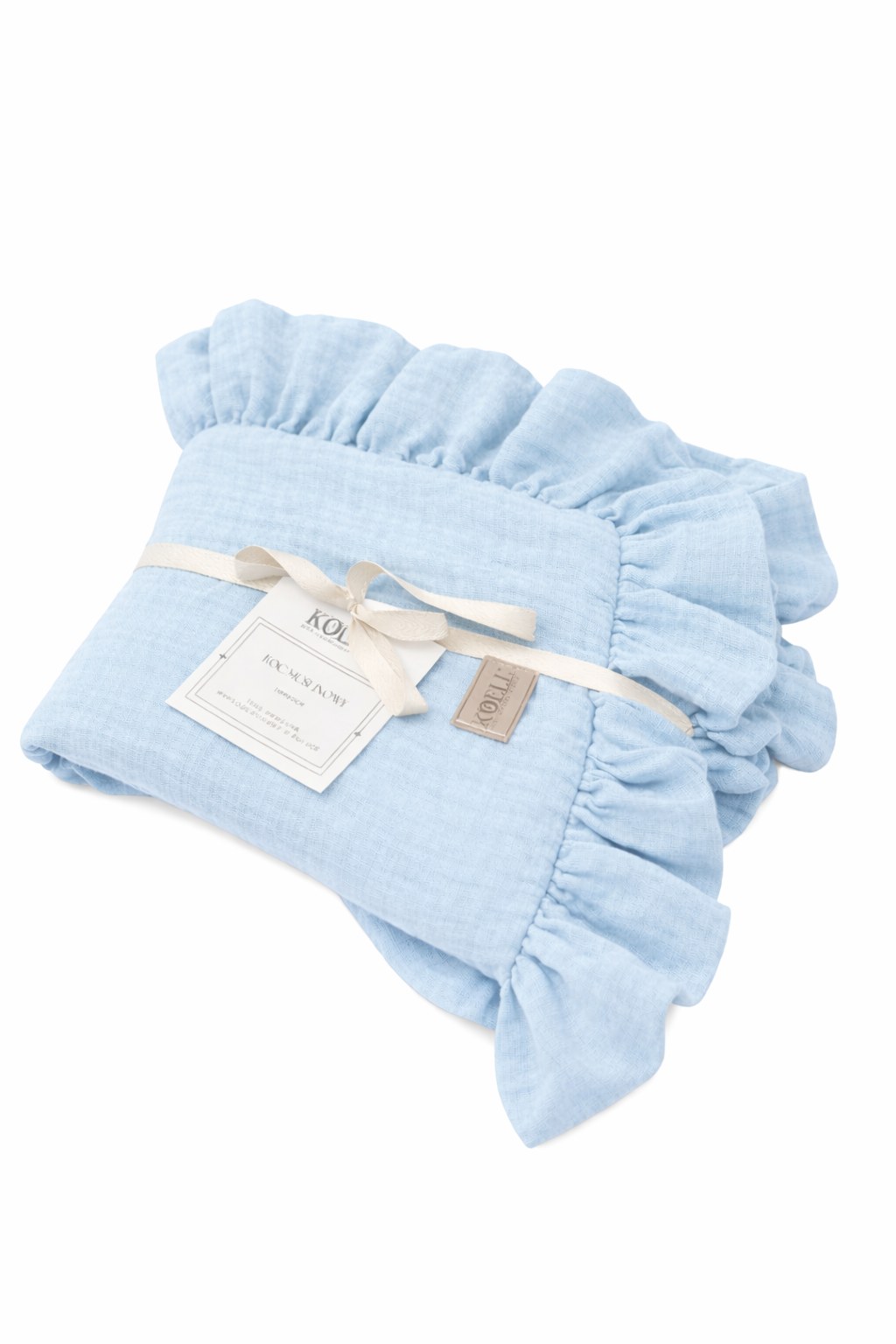 Musselindecke mit Rüsche 110 × 85 cm – Babyblau